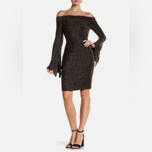 BCBGMaxAzria gold and black striped off shoulder Dress with Bell Sleeves